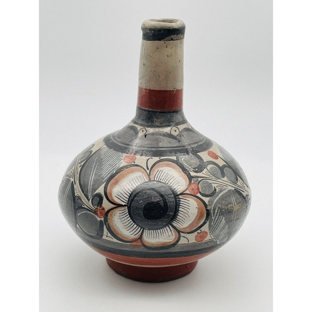 Vintage Mexico Pottery Folk Art Vase Tonala Bottle Hand Painted